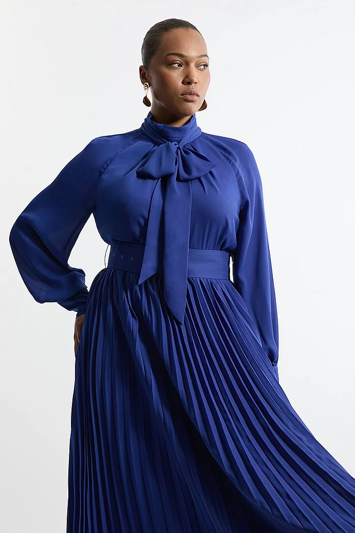 Plus Size Pleated Woven Belted Tie Neck Maxi Shirt Dress Plus Size Pleated Woven Belted Tie Neck Maxi Shirt Dress